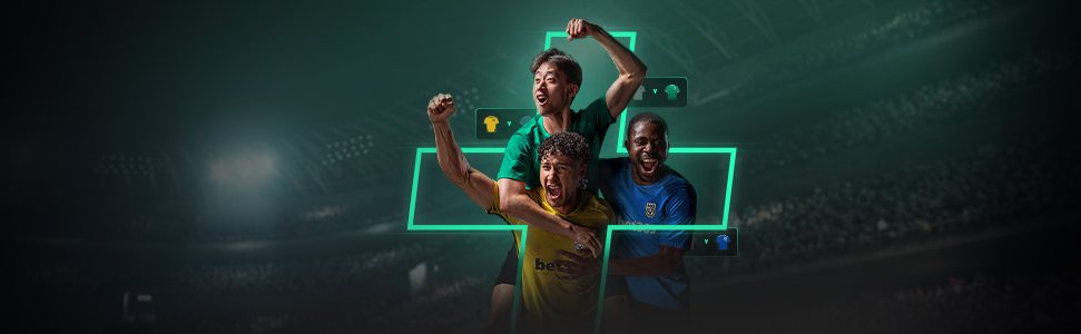 Arte de bet365 con tres futbolistas celebrando en un estadio