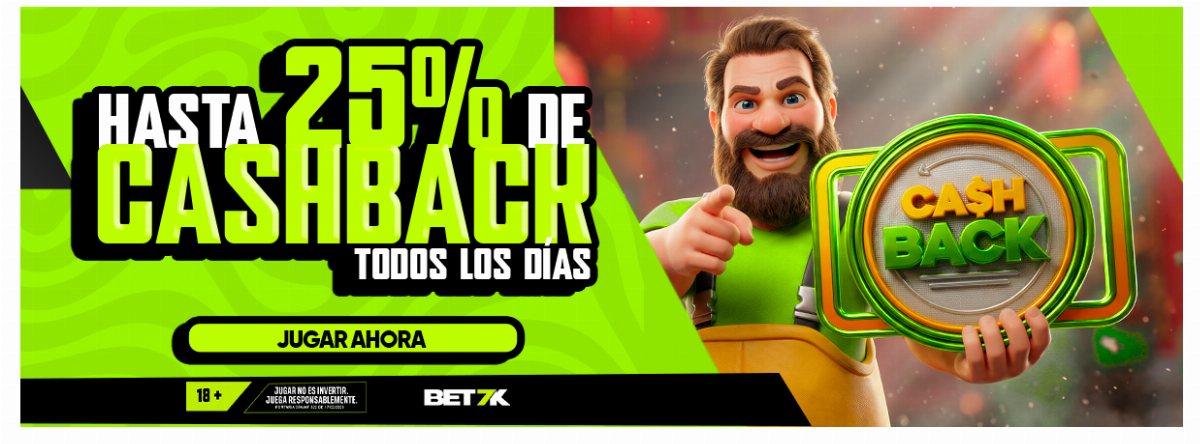 Banner de Bet7k con hasta 25% de cashback todos los días
