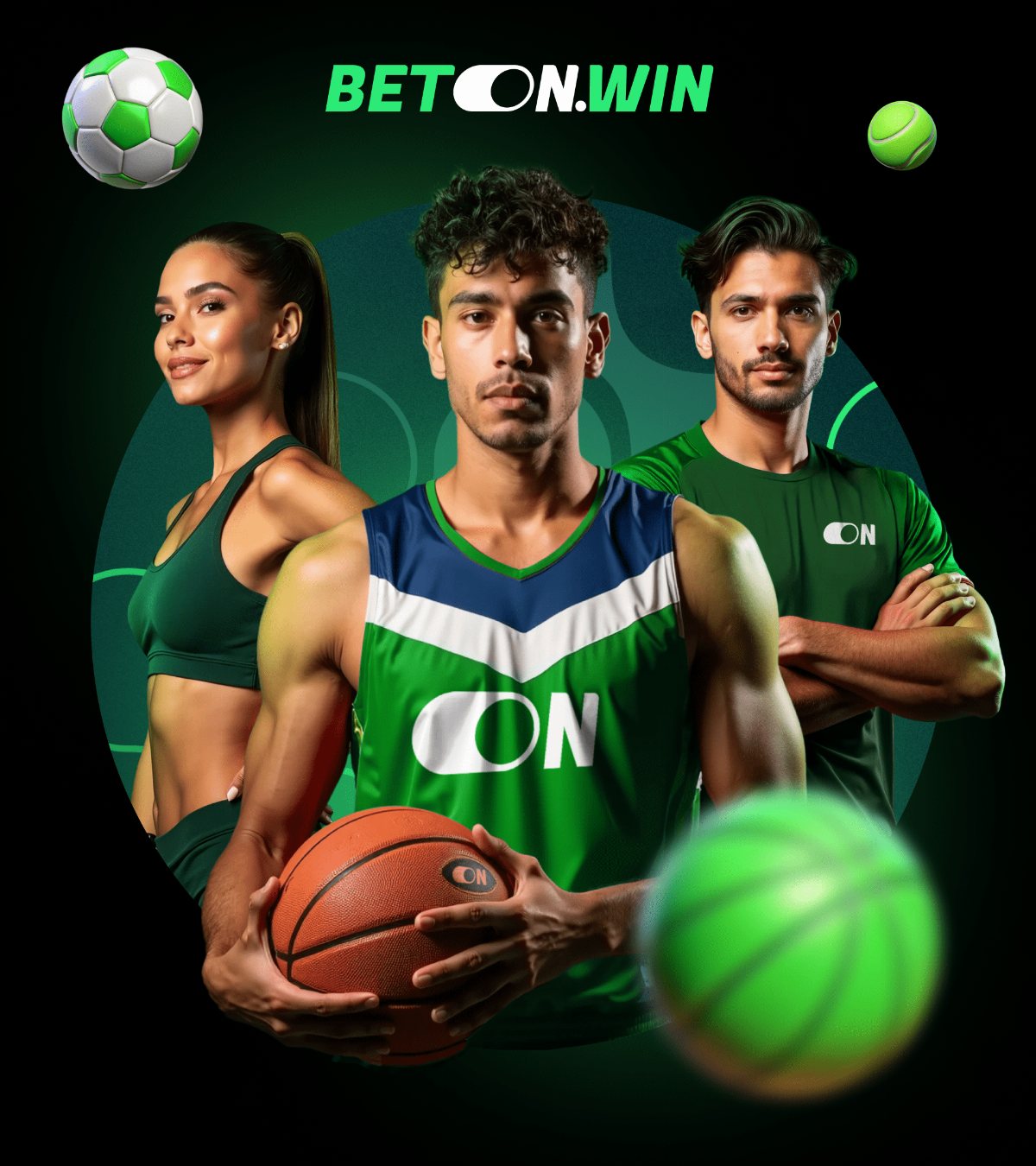 Arte de BetonWin con tres deportistas y balones de fútbol, básquetbol y tenis, sin montos