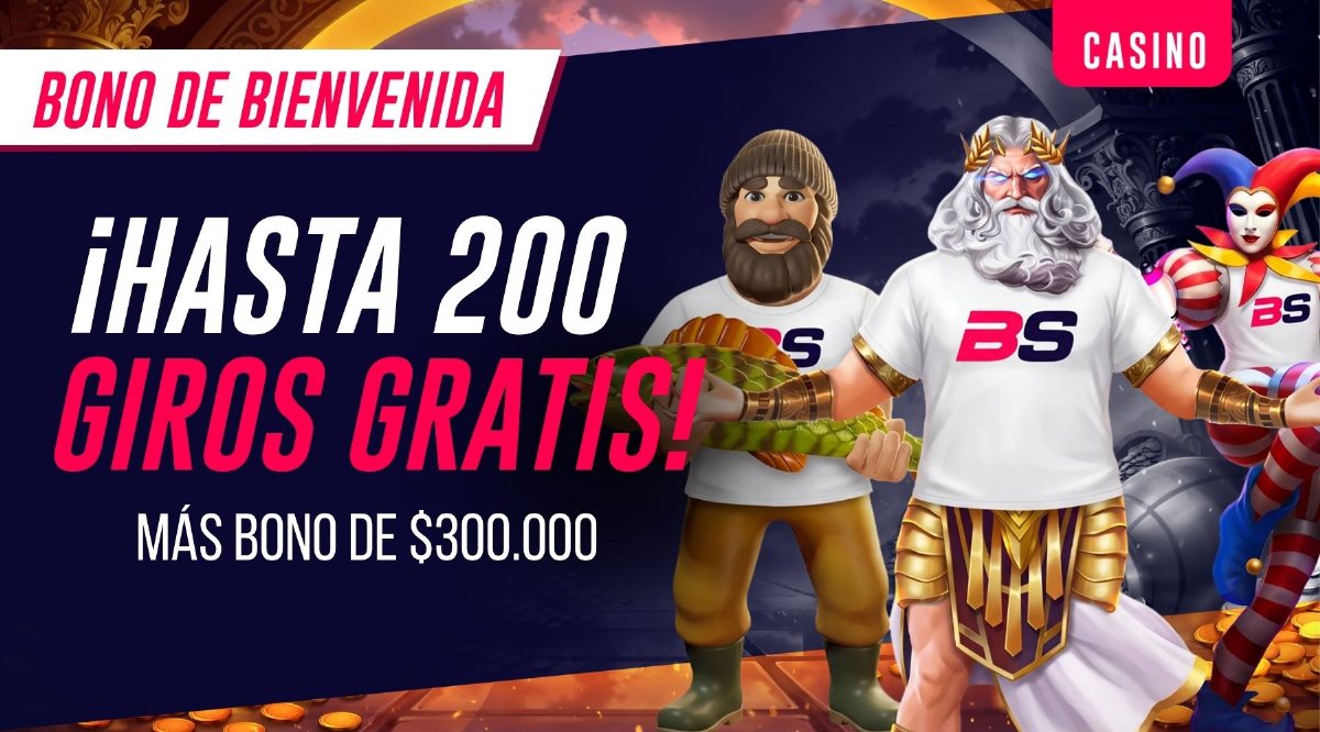 Arte de Betsala para el bono de bienvenida de casino: hasta 200 giros gratis más bono de 300.000 pesos