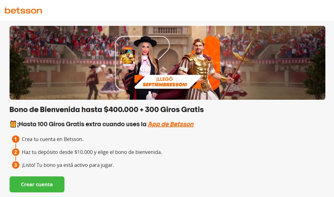 Página de bienvenida de Betsson con tres pasos: crear la cuenta, depositar y elegir el bono