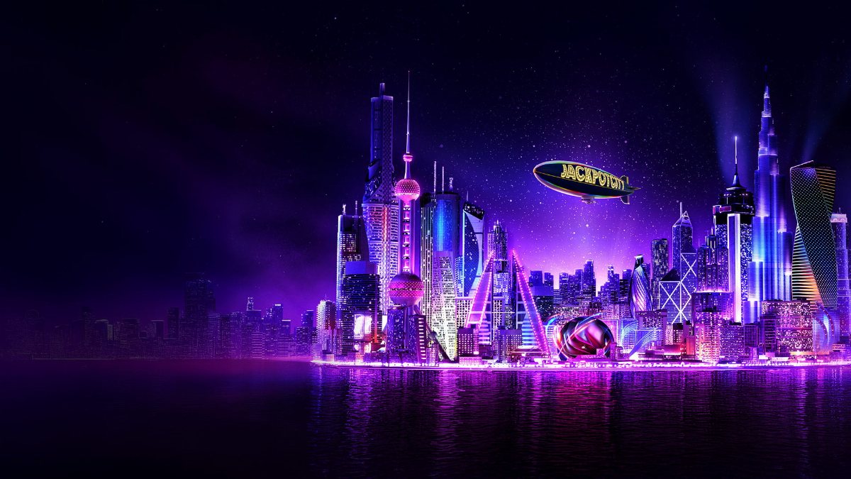 Arte de portada del sitio chileno de JackpotCity: una ciudad nocturna con el dirigible de la marca