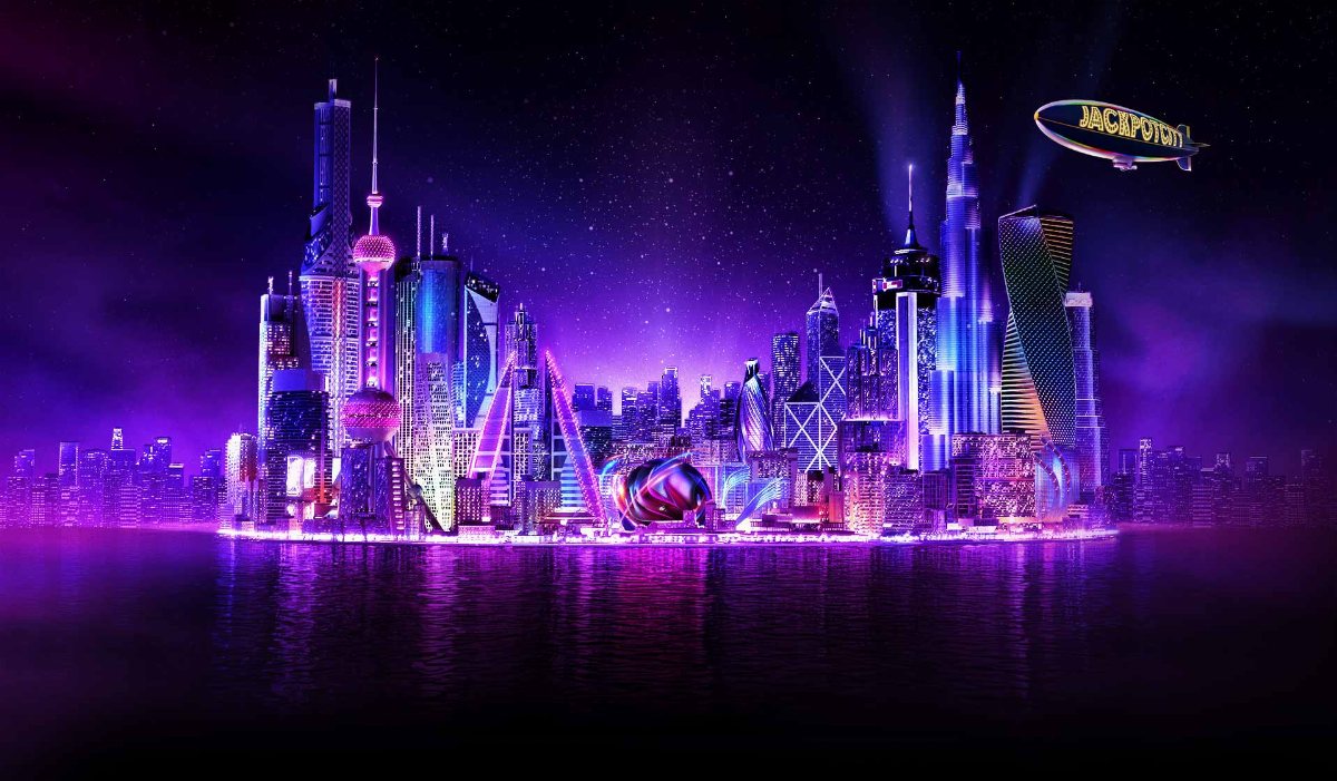 Arte de cabecera de la página de promociones de JackpotCity Chile, con la ciudad de la marca de noche