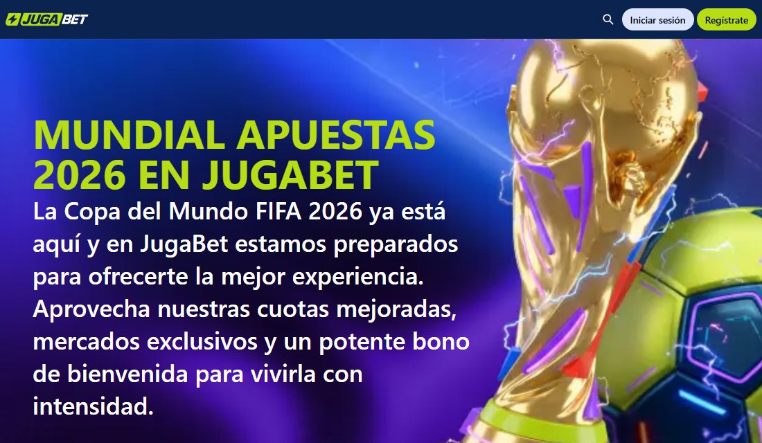 Landing Mundial apuestas 2026 de Jugabet, que anuncia un bono de bienvenida sin cifras
