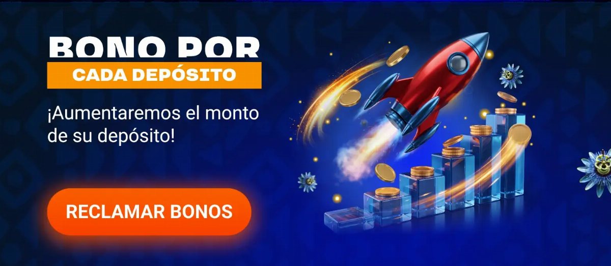 Arte promocional de Mostbet con el lema Bono por cada depósito y un cohete sobre columnas de monedas