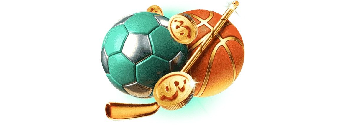 Balones de fútbol y básquetbol con un palo de hockey y monedas doradas