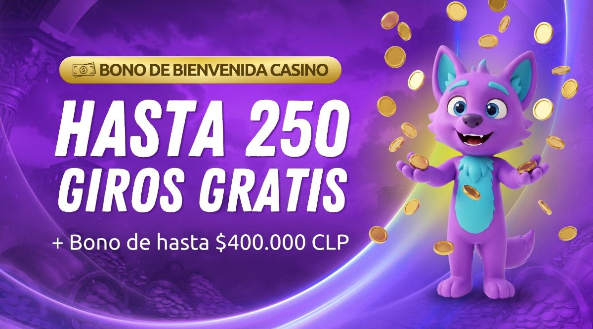 Arte de PlaySala para el bono de bienvenida de casino: hasta 250 giros gratis más bono de hasta 400.000 CLP