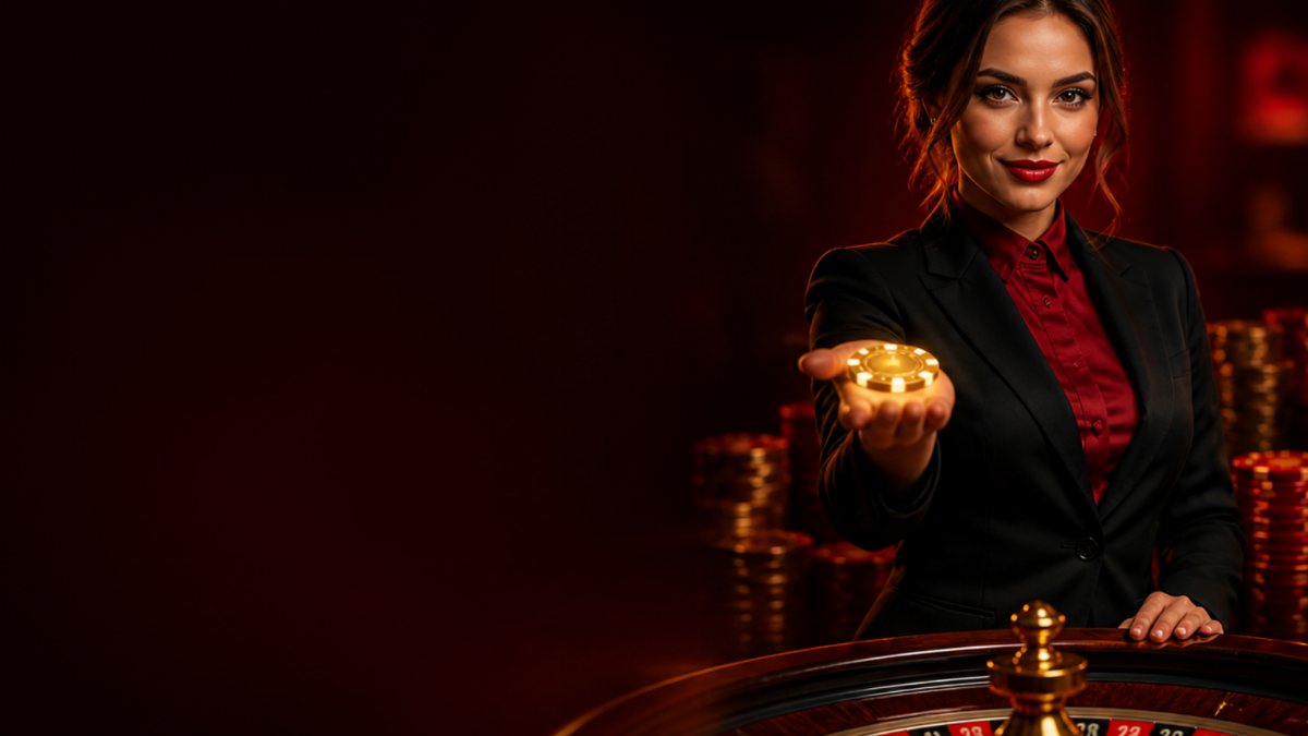 Crupier con una ficha dorada junto a una ruleta, arte de Rojabet para la oferta de casino