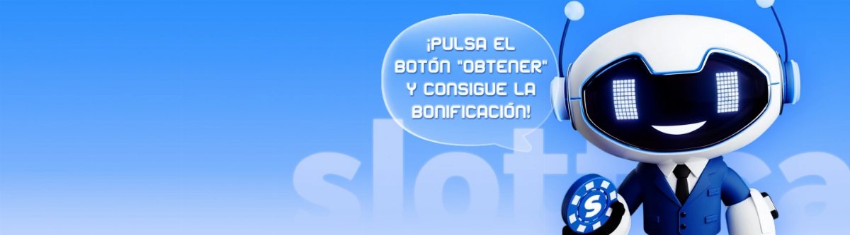 Robot mascota de Slottica con un globo de texto que invita a conseguir la bonificación
