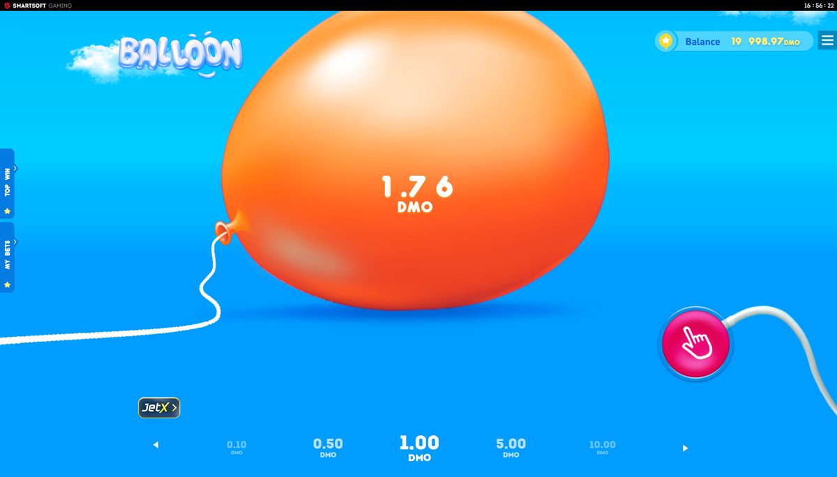 Globo de Balloon inflándose con el valor en 1,76 y la apuesta de 1,00 seleccionada abajo