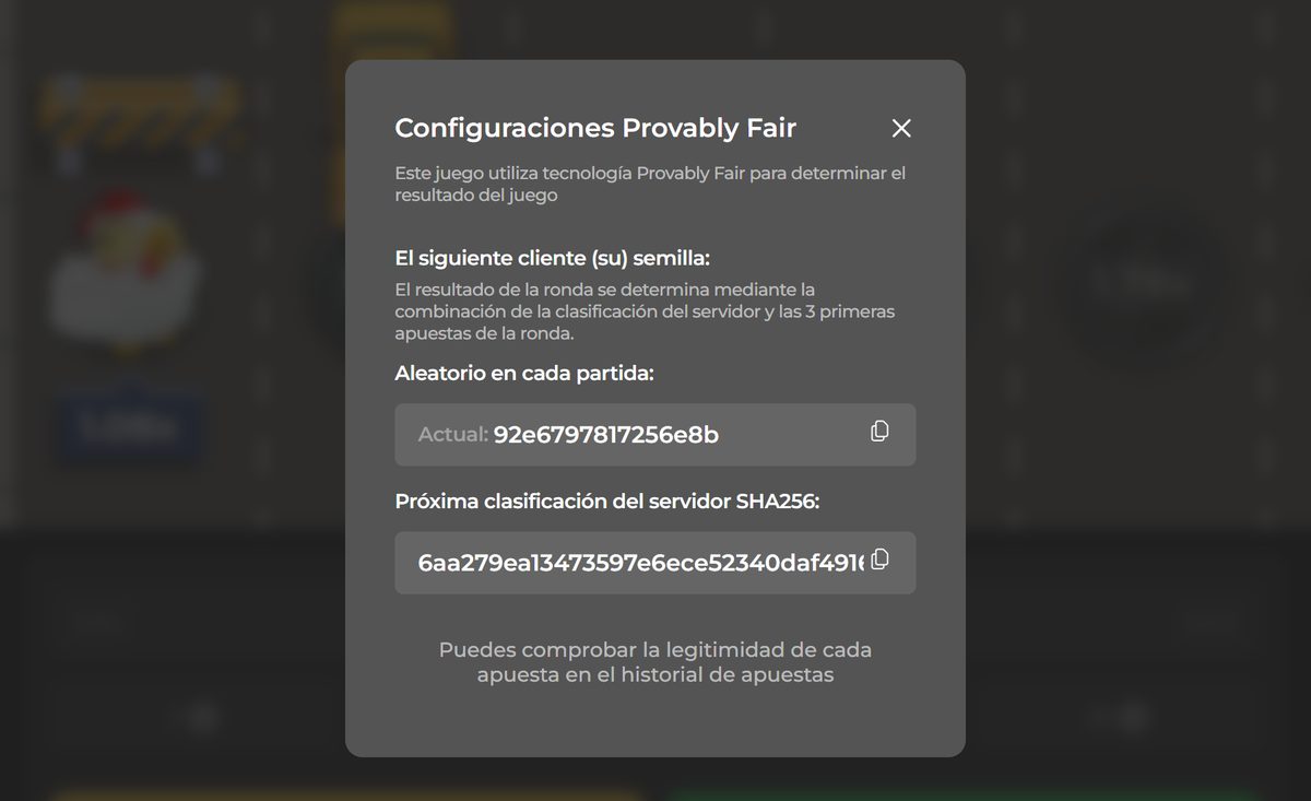Configuraciones de Provably Fair con semilla del cliente y hash del servidor