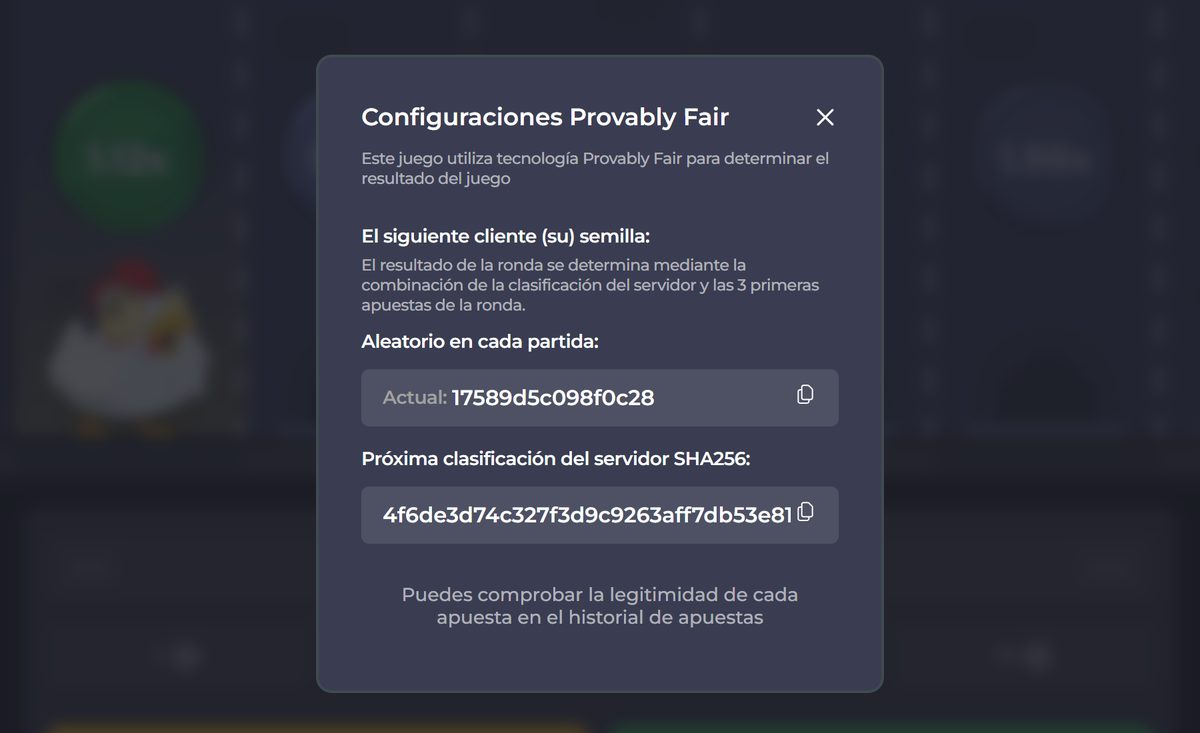 Configuraciones de Provably Fair con la semilla del cliente y el hash del servidor