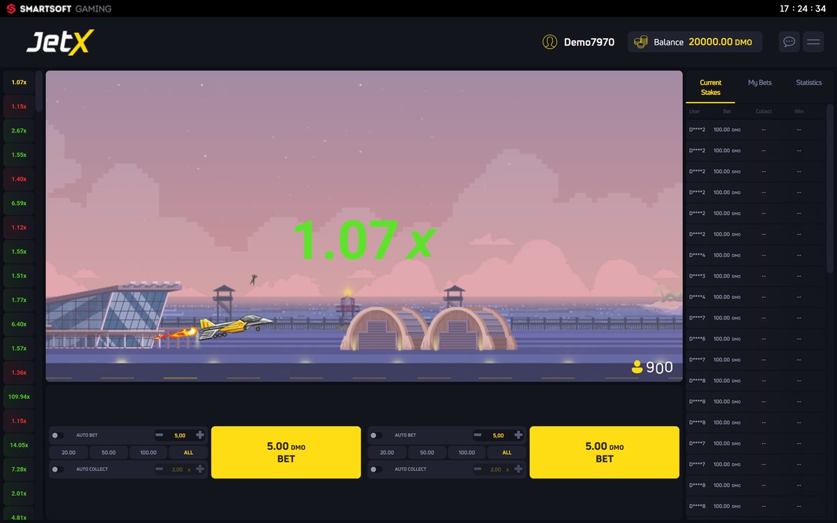 Ronda en vuelo con el multiplicador en 1,07x y los dos paneles de apuesta abajo
