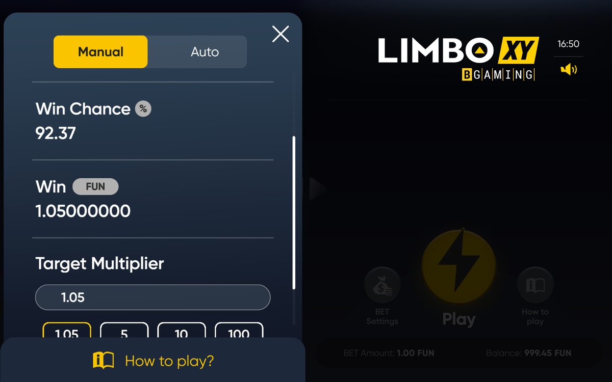 Panel de apuesta de Limbo XY con el multiplicador objetivo en 1,05 y el indicador Win Chance