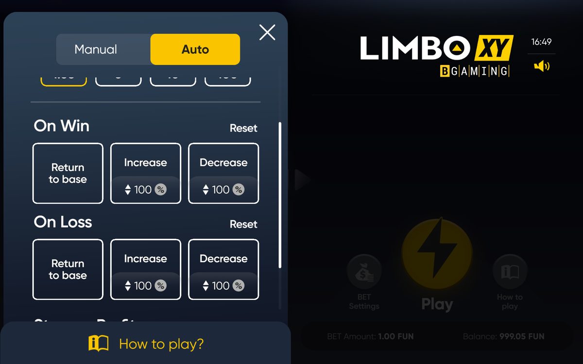 Modo automático de Limbo XY con las opciones On Win y On Loss para subir o bajar la apuesta