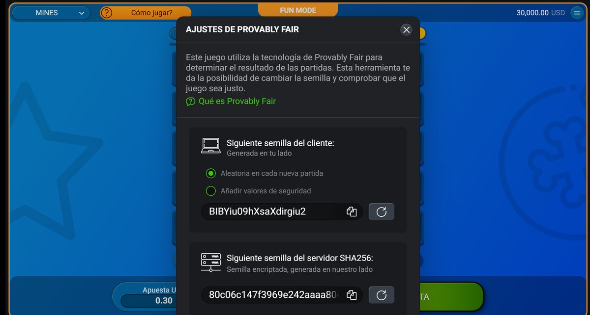 Ajustes de Provably Fair con la semilla del cliente y el hash del servidor