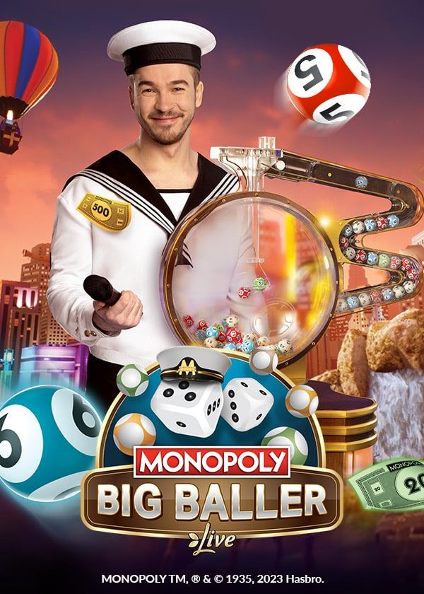 Arte oficial de MONOPOLY Big Baller con los dados, las bolas y la máquina de extracción