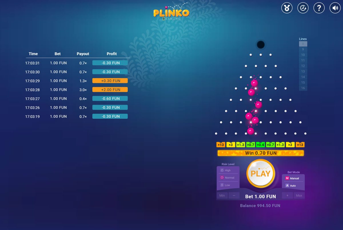 Tablero de Plinko con 8 filas, una bola cayendo y el registro de lanzamientos a la izquierda
