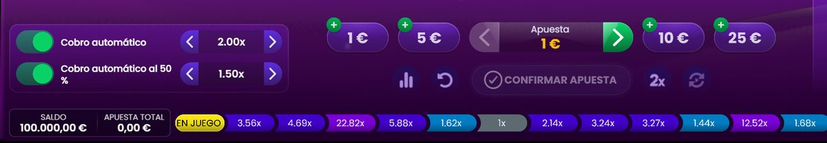 Panel de apuesta de Spaceman con el cobro automático y el cobro automático al 50 % activados