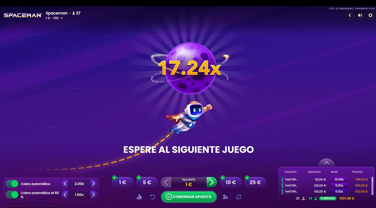 Ronda de Spaceman volando en 17,24x con la tabla de apuestas y cobros de la mesa