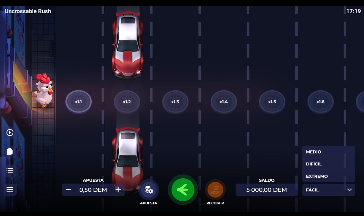 Pantalla de Uncrossable Rush con el selector de dificultad abierto y los coeficientes de cada carril